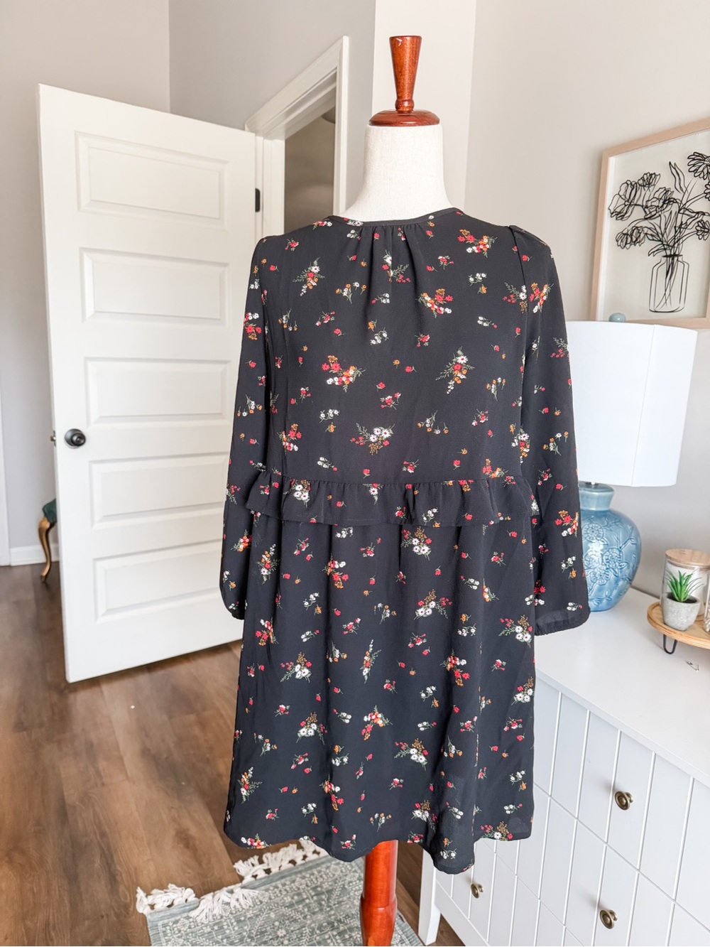 Black Floral Long-Sleeve Peplum Mini Dress